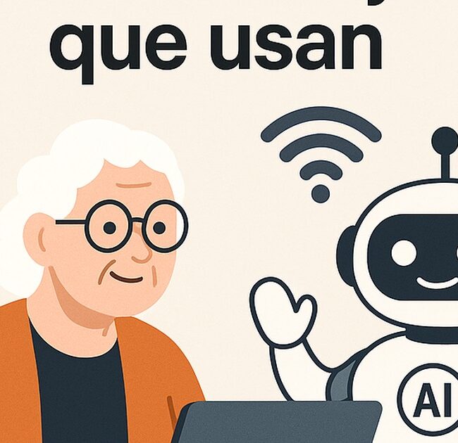 Ilustración de casos reales personas mayores que usan ia su con estilo tecnológico y limpio.