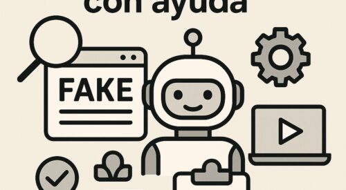 Ilustración de cómo detectar noticias falsas ayuda ia con estilo tecnológico y limpio.