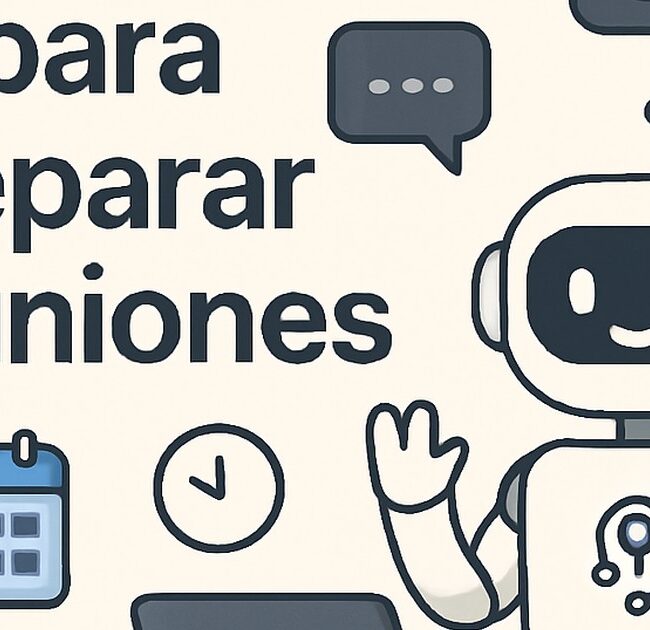 Ilustración de cómo usar ia preparar reuniones o presentaciones con estilo tecnológico y limpio.