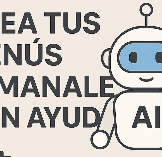 Ilustración de crea tus menús semanales ayuda ia con estilo tecnológico y limpio.