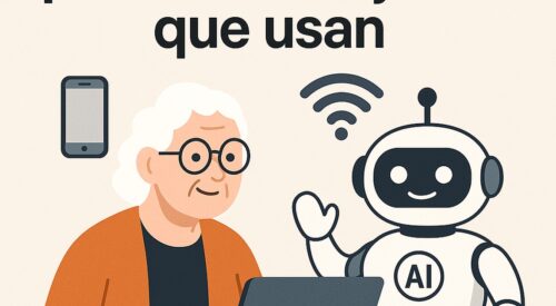 Ilustración de casos reales personas mayores que usan ia su con estilo tecnológico y limpio.