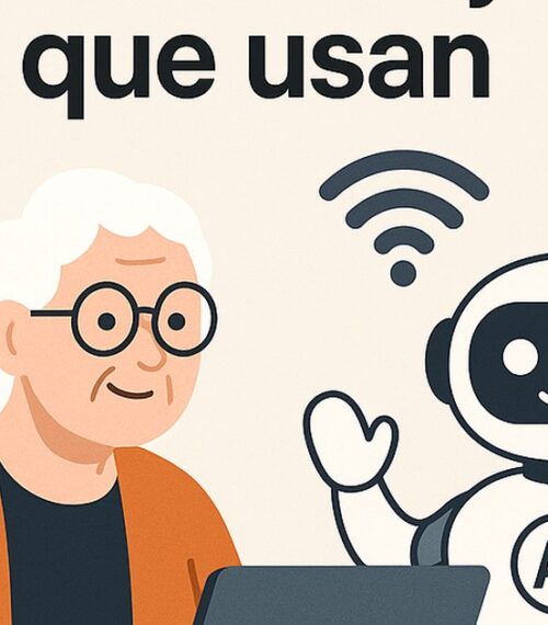 Ilustración de casos reales personas mayores que usan ia su con estilo tecnológico y limpio.