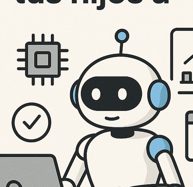 Ilustración de cómo enseñar a tus hijos a usar ia con estilo tecnológico y limpio.