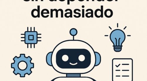 Ilustración de cómo usar ia sin depender demasiado ella con estilo tecnológico y limpio.