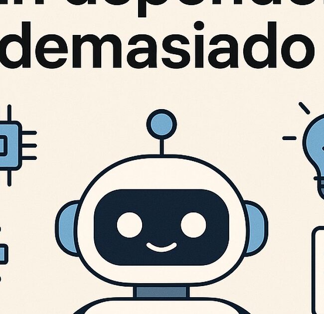 Ilustración de cómo usar ia sin depender demasiado ella con estilo tecnológico y limpio.