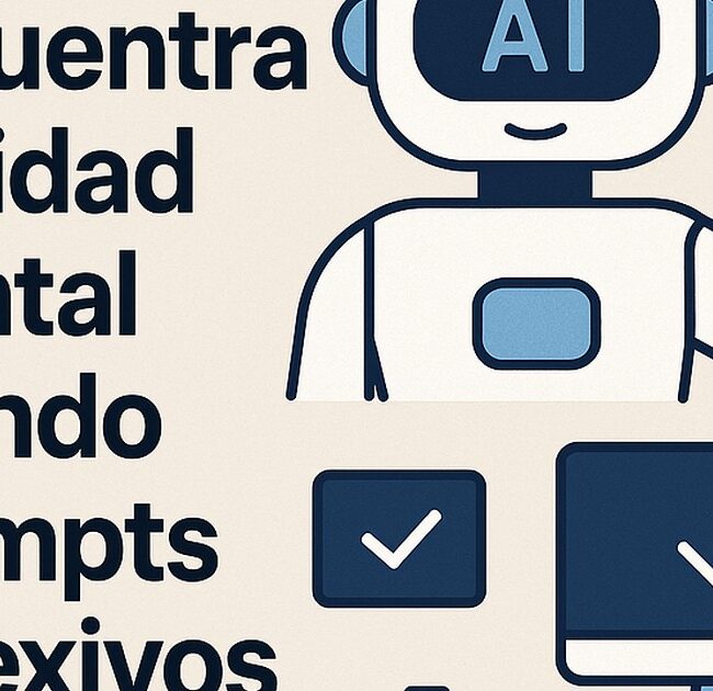 Ilustración de encuentra claridad mental usando prompts reflexivos con estilo tecnológico y limpio.