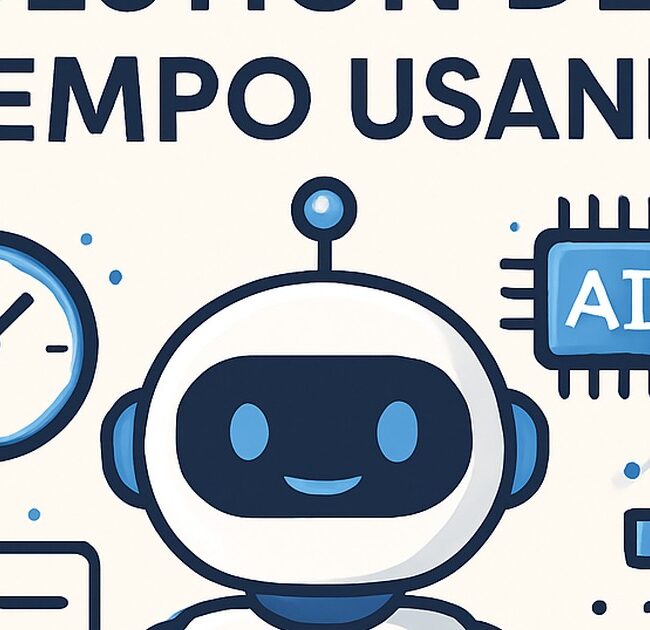 Ilustración de mejora tu gestión tiempo usando asistentes virtuales con estilo tecnológico y limpio.