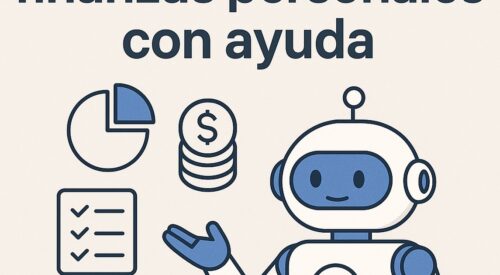Ilustración de organiza tus finanzas personales ayuda inteligencia artificial con estilo tecnológico y limpio.