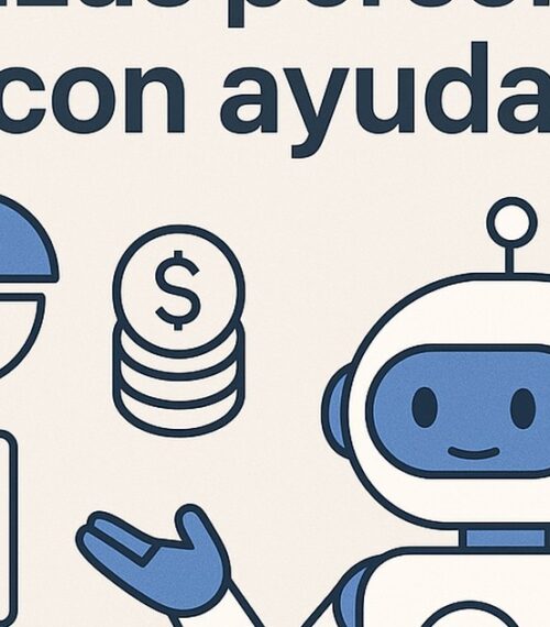 Ilustración de organiza tus finanzas personales ayuda inteligencia artificial con estilo tecnológico y limpio.