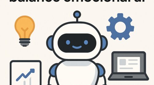 Ilustración de prompts hacer balance emocional al final día con estilo tecnológico y limpio.